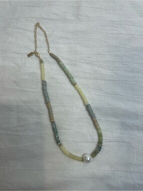 Trove Beaded Pearl Necklace Bracelet Pastel Green Neutral Disc Beads Adjustable